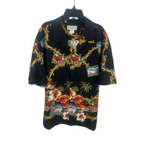 Kolekole Hawaiian Black Button-Up Shirt Tropical Cars Flowers XL Resort Vacay